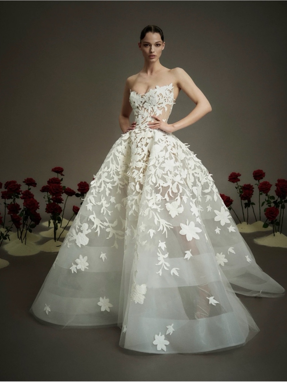 Strapless Ivory Floral Appliqué Ball Gown Wedding Dress